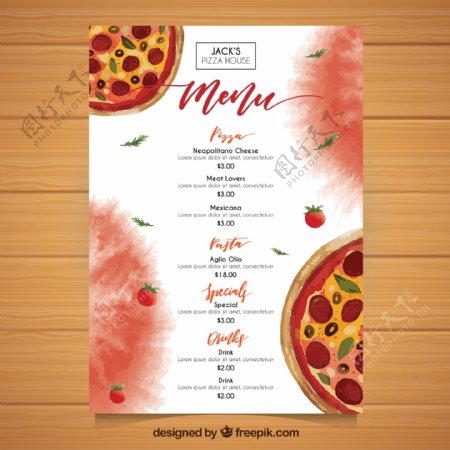 水彩比萨菜单模板