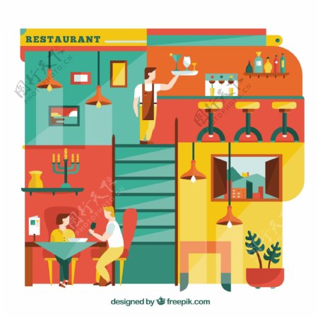 在平面设计的餐厅彩色插图