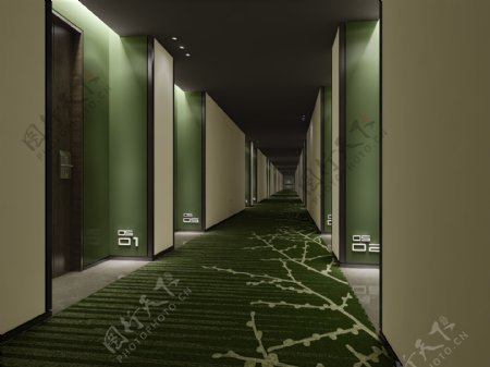 现代时尚酒店走廊墨绿地毯工装装修效果图