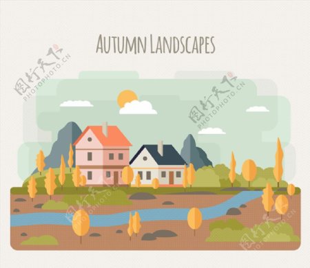 秋季河边建筑风景矢量素材