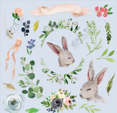 灰兔子水彩花卉图案