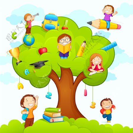 绿色大树上学习的卡通儿童