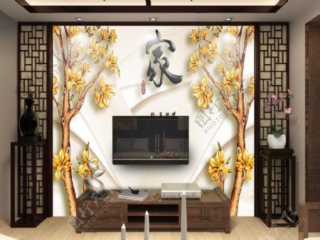 中式电视背景墙效果图模板
