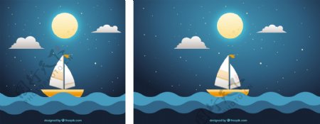 夜的背景与海满月和船