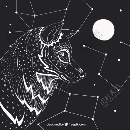 一方面与星座和月亮吸引狼的背景