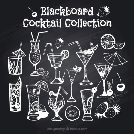 各种鸡尾酒在黑板上的效果