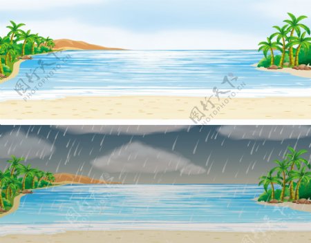 晴天和雨天的两片海洋景色