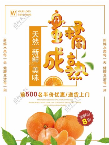浅色简约蜜橘成熟水果美食海报
