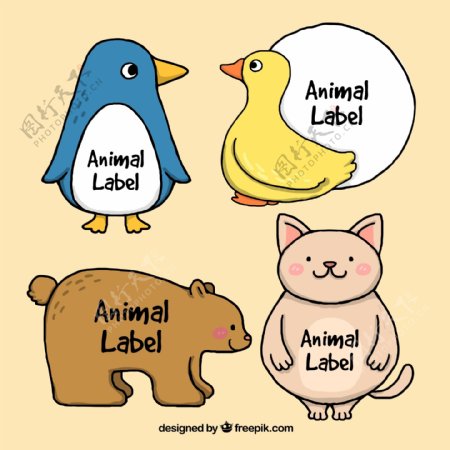 4款彩绘动物标签矢量素材