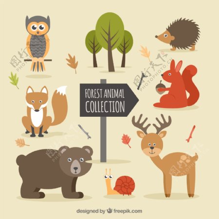 卡通森林中的动物矢量素材