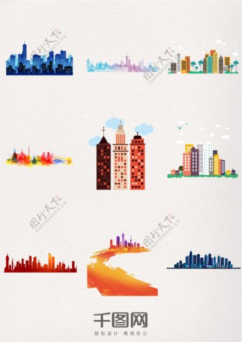 城市建筑多彩剪影图案元素