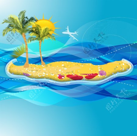 卡通大海小岛沙滩椰树背景
