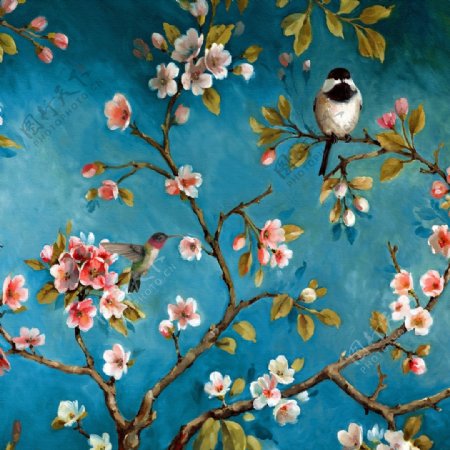 蓝色中国风彩色桃花小鸟风景画装饰画