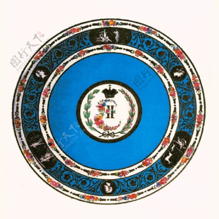 蓝色花纹圆形瓷器古典装饰