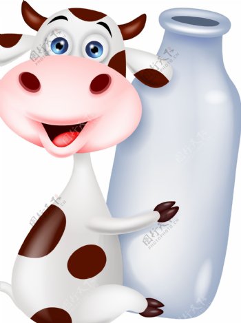 卡通手绘可爱奶牛抱牛奶瓶