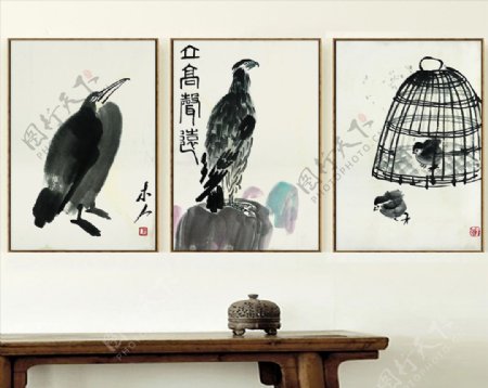 中式挂画简约手绘小鸟餐厅无框画