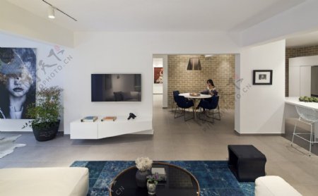 现代客厅蓝色花纹地毯室内装修效果图