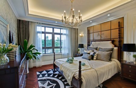 现代时尚卧室黑色花纹地毯室内装修效果图