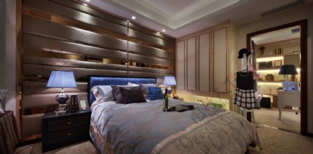 现代时尚卧室亮面褐色背景墙室内装修图