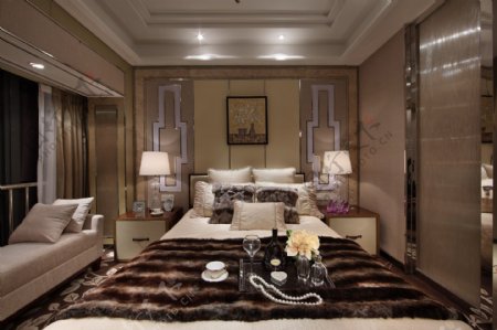 现代时尚富贵浅褐色背景墙卧室室内装修图