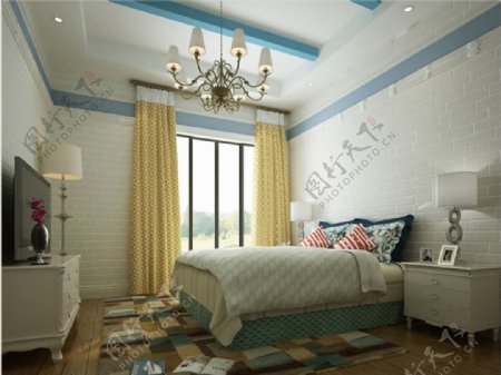 地中海白色砖纹壁纸卧室效果图