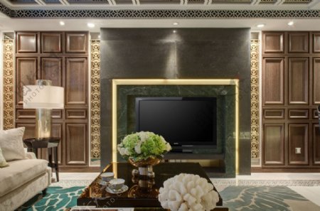 现代时尚客厅绿色花束室内装修效果图