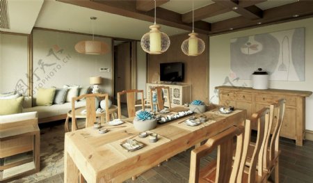 温馨创意新中式原木色餐桌餐厅吊灯效果图