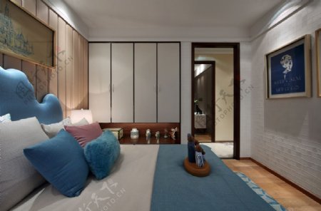 地中海风格卧室床铺家装效果图