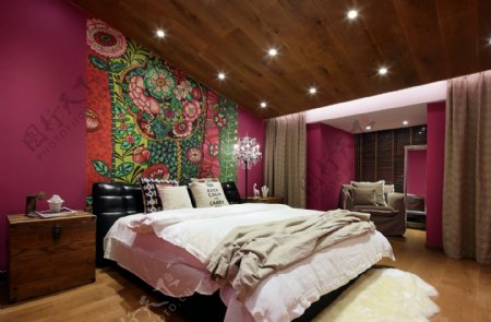中式时尚室内卧室背景墙效果图