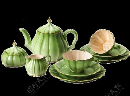 整套绿色陶瓷茶壶免抠png透明图层素材