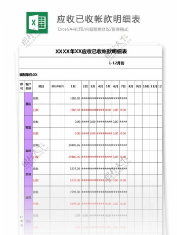 应收已收帐款明细表excel模板