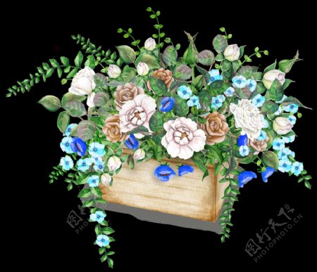 手绘蓝色木盘花朵png透明素材