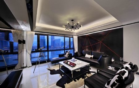 现代冷感客厅黑色皮质沙发室内装修效果图