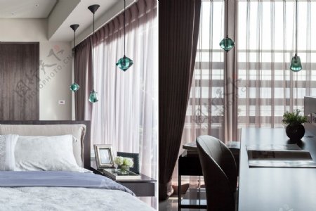 现代清新卧室绿色吊灯室内装修效果图