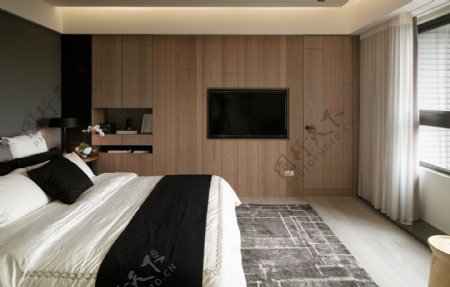 现代气质卧室灰色花纹地毯室内装修效果图
