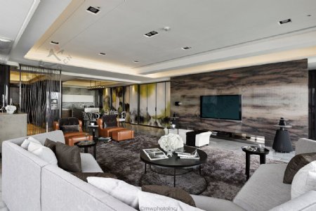 现代奢华客厅深色花纹地毯室内装修效果图