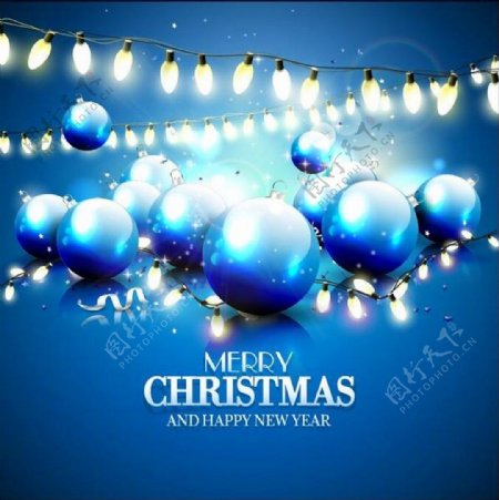 蓝色圣诞球和灯泡矢量海报