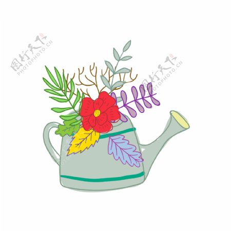 水壶与花卉透明装饰素材