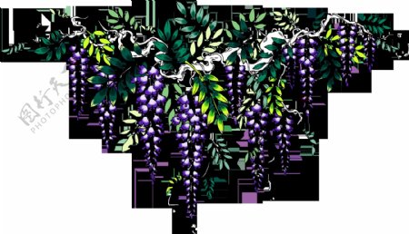 彩绘紫色花朵绿色叶子png元素