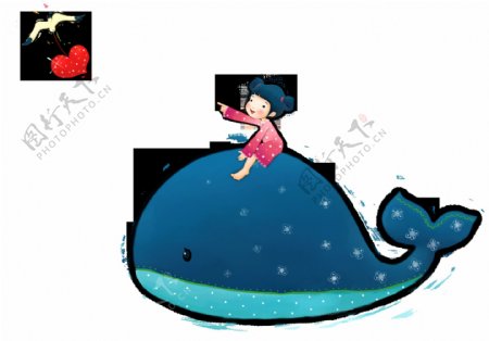 坐在鲸鱼身上的小女孩透明素材