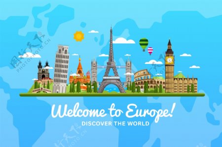 浅蓝色欧洲旅游旅行矢量素材