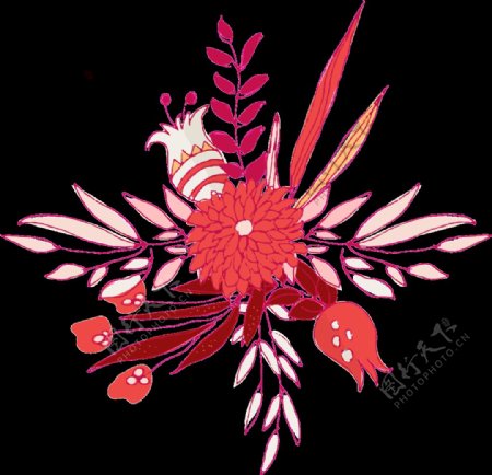 手绘红色线性花卉png透明素材