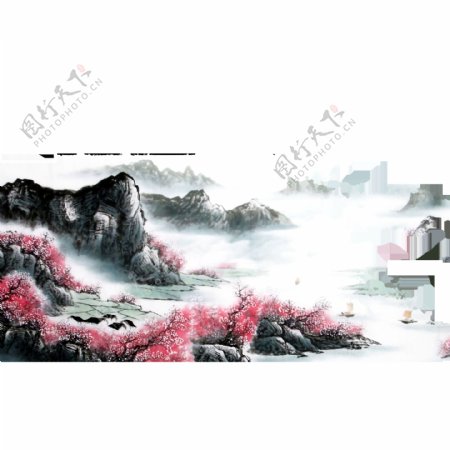 中国风粉色花朵水墨山水装饰元素