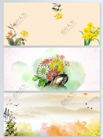 菊花手绘中国风彩墨展板背景