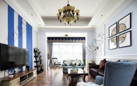 中式客厅蓝色条纹电视背景墙装修效果图