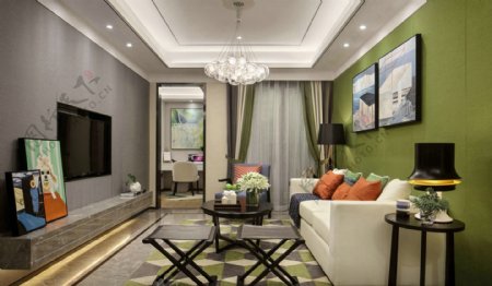 中式客厅绿色墙壁装修效果图