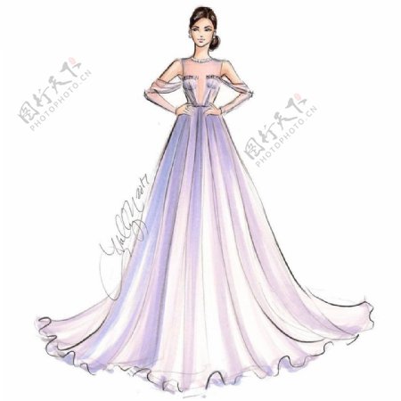 浅紫色长裙礼服设计图