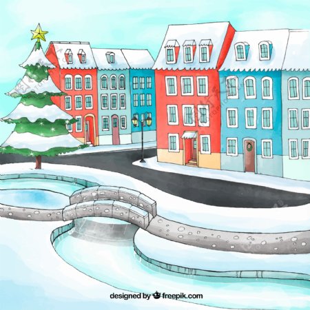 彩绘圣诞城市风景矢量素材