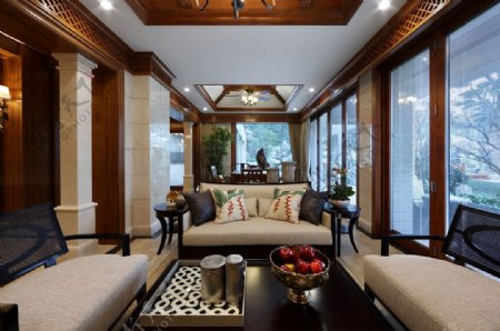 美式客厅木质吊顶装修效果图