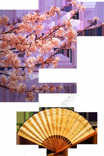 桃花树和折扇透明素材